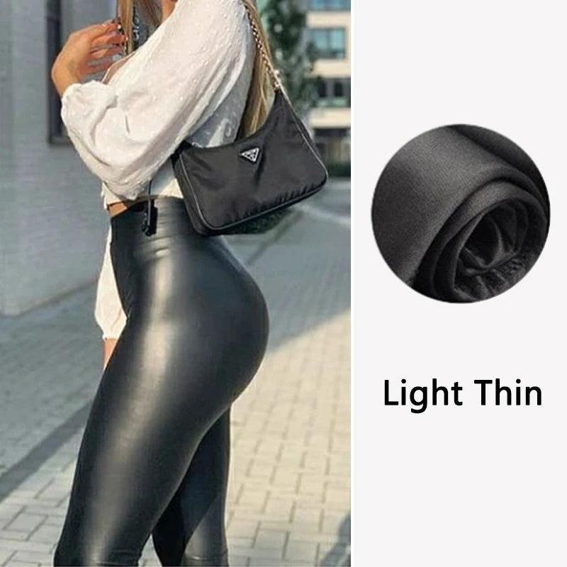 Chic Black Leather Skinny Leggings with High Waist and Shaping Effect - Light Thin - leggings