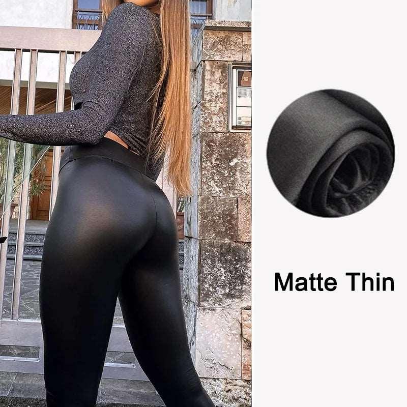 Chic Black Leather Skinny Leggings with High Waist and Shaping Effect - Matte Thin - leggings