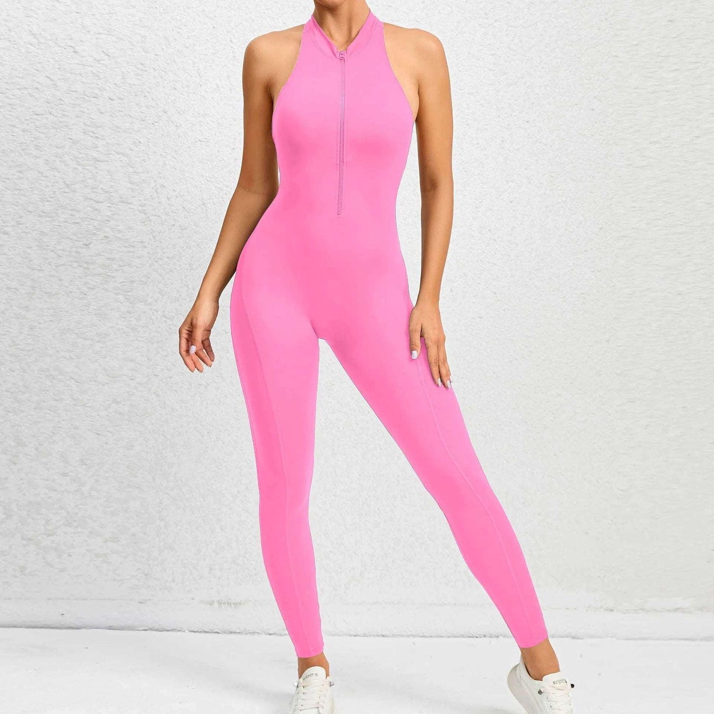 2024 Zipper Women's Tracksuit - One Piece Workout Jumpsuit with Scrunch Leggings for Yoga & Gym - pink pt set - LEGGINGS