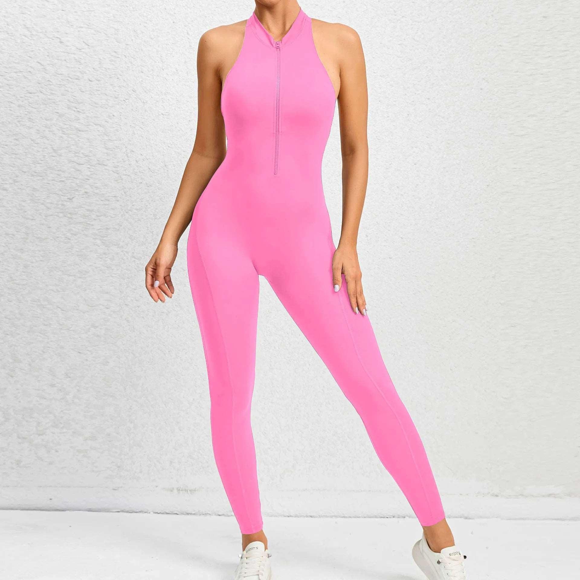 2024 Zipper Women's Tracksuit - One Piece Workout Jumpsuit with Scrunch Leggings for Yoga & Gym - pink pt set - LEGGINGS