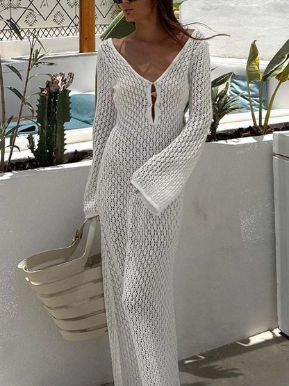 #Sexy #Knit #CoverUp – Women’s White Beach Dress | #VNeck #Backless #HollowOut