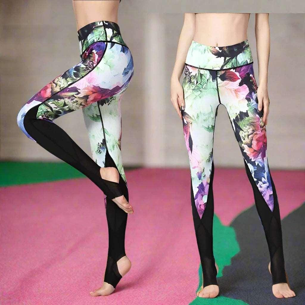 Fit4Goals™ High Waist Yoga Pants - Floral Push Up Leggings for Running - Black Green Flower - Leggings