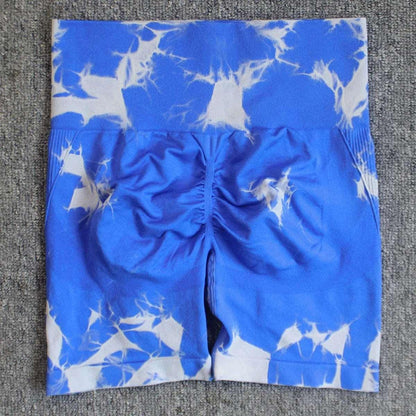 Seamless Tie Dye Sport Shorts For Women Summer Elastic Scrunch High Waist Push Up Tummy Control Gym Fitness Workout Yoga Shorts - ZP-Royal Blue - LEGGINGS