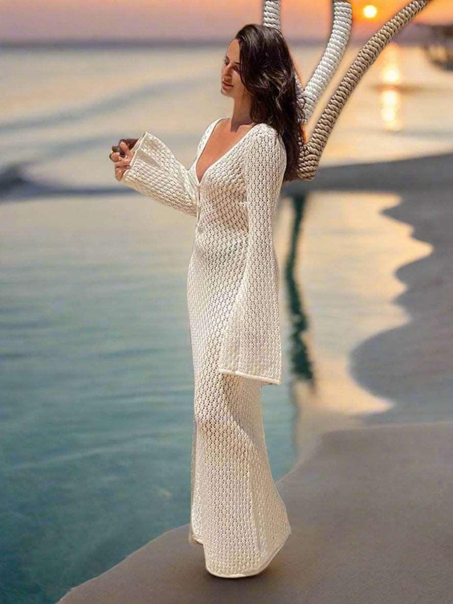 #Sexy #Knit #CoverUp – Women’s White Beach Dress | #VNeck #Backless #HollowOut - - women dress