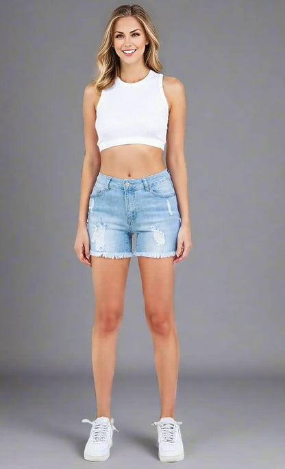 American Bazi High Waist Distressed Frayed Denim Shorts