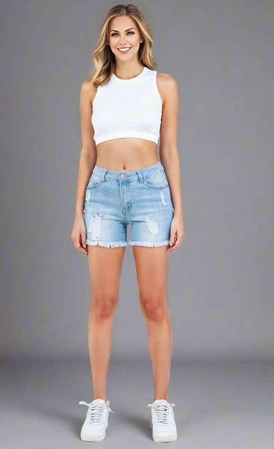 American Bazi High Waist Distressed Frayed Denim Shorts - - Women's Fashion - Women's Clothing - Bottoms - Leggings