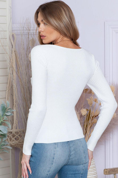 Women's White Basic Cable Crossed V Neck Sweater - - Sweaters