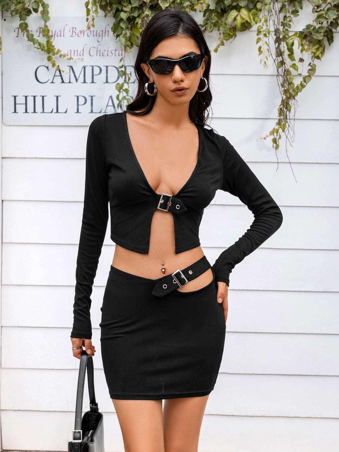 Cropped Top and Cutout Skirt Set - - Women's Fashion - Women's Clothing - Suits & Sets - Women's Sets