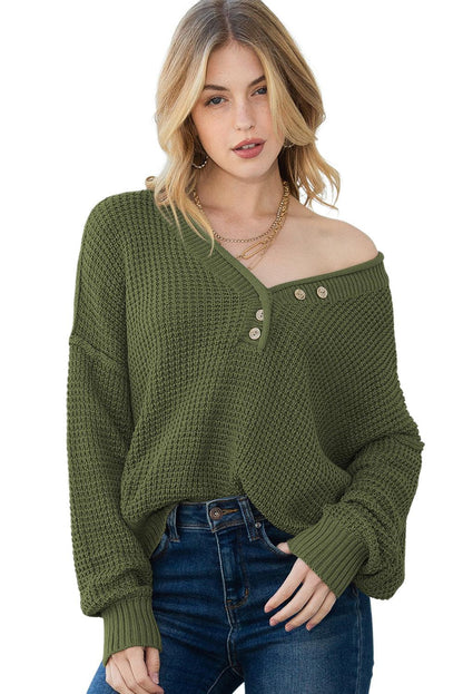 Women's Pickle Green Pointelle Knit Button V Neck Drop Shoulder Sweater - - Sweaters