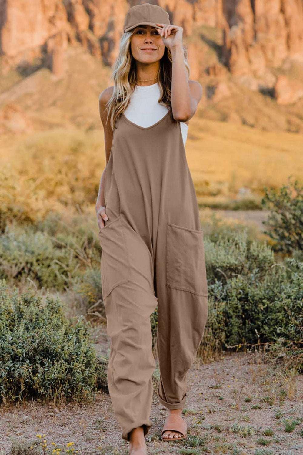 Double Take Full Size V-Neck Sleeveless Jumpsuit with Pockets - Tan - Women's Fashion - Women's Clothing - Suits & Sets - Women's Sets