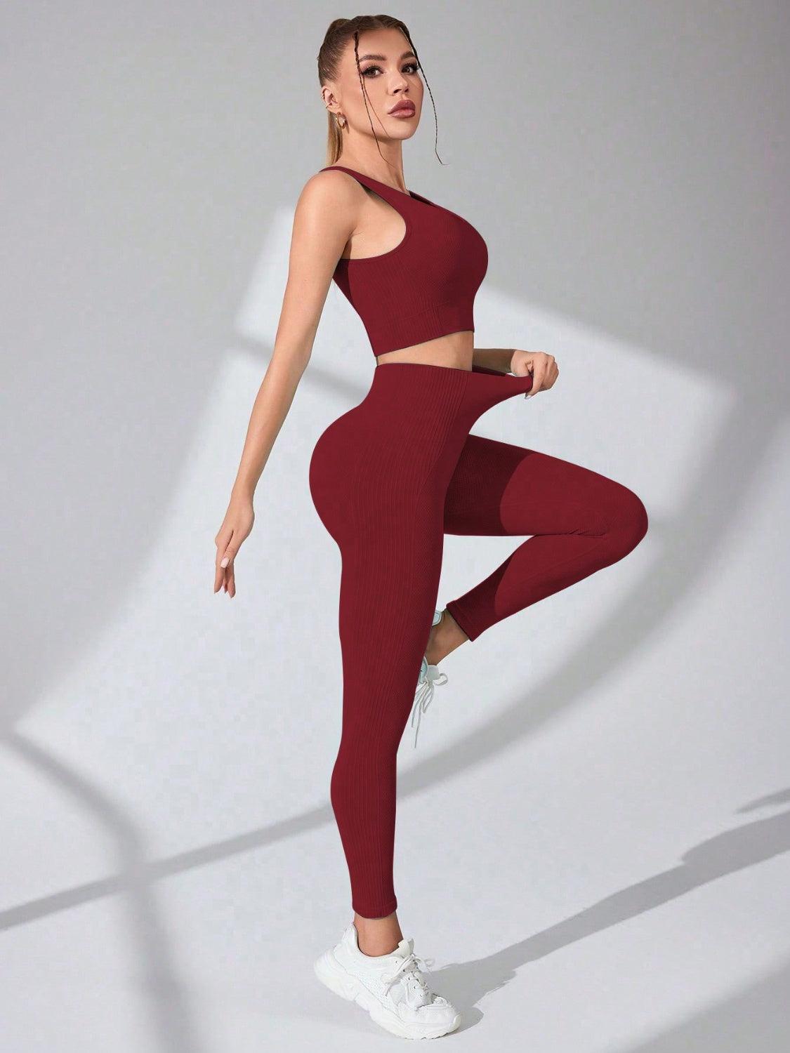 Scoop Neck Wide Strap Top and Pants Active Set - Burgundy - LEGGINGS