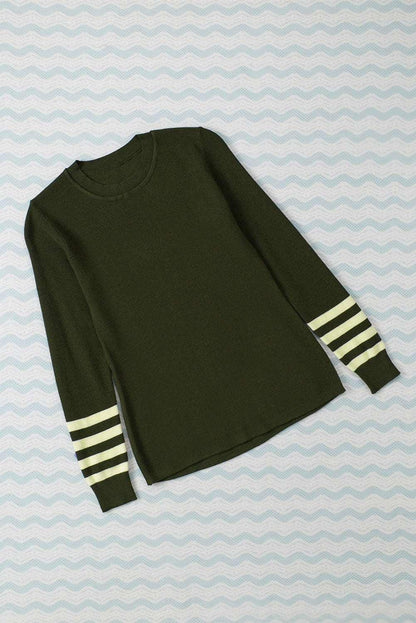 Women's Black Casual Crew Neck Striped Sleeve Knit Sweater - - Sweaters