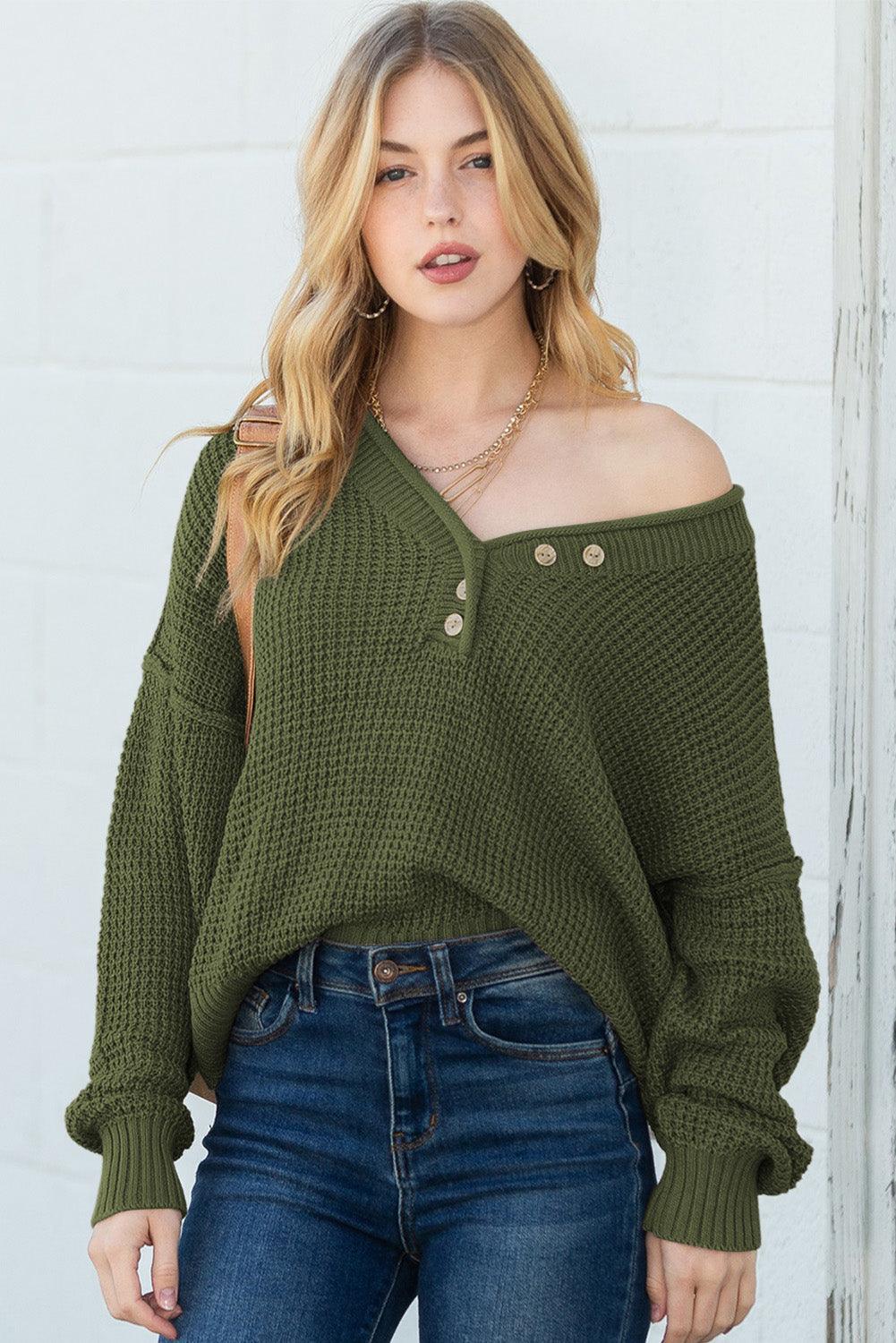 Women's Pickle Green Pointelle Knit Button V Neck Drop Shoulder Sweater - - Sweaters