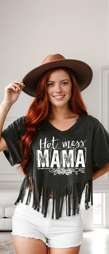 HOT MESS MAMA Fringe Round Neck T-Shirt - - Women's T-Shirt