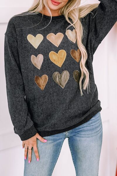 Heart Round Neck Dropped Shoulder Sweatshirt - Dark Gray -