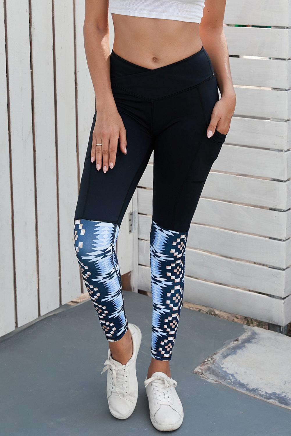 Women's Black Yoga Crossover Geometric Print Patchwork High Waisted Leggings - Black - Workout Leggings