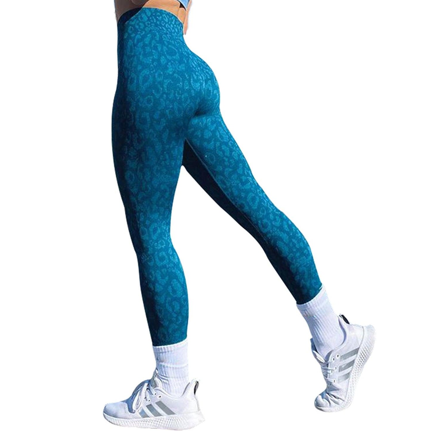 Women's Push-Up Booty Leggings - Gym & Yoga Pants - Blue leopard print - leggins