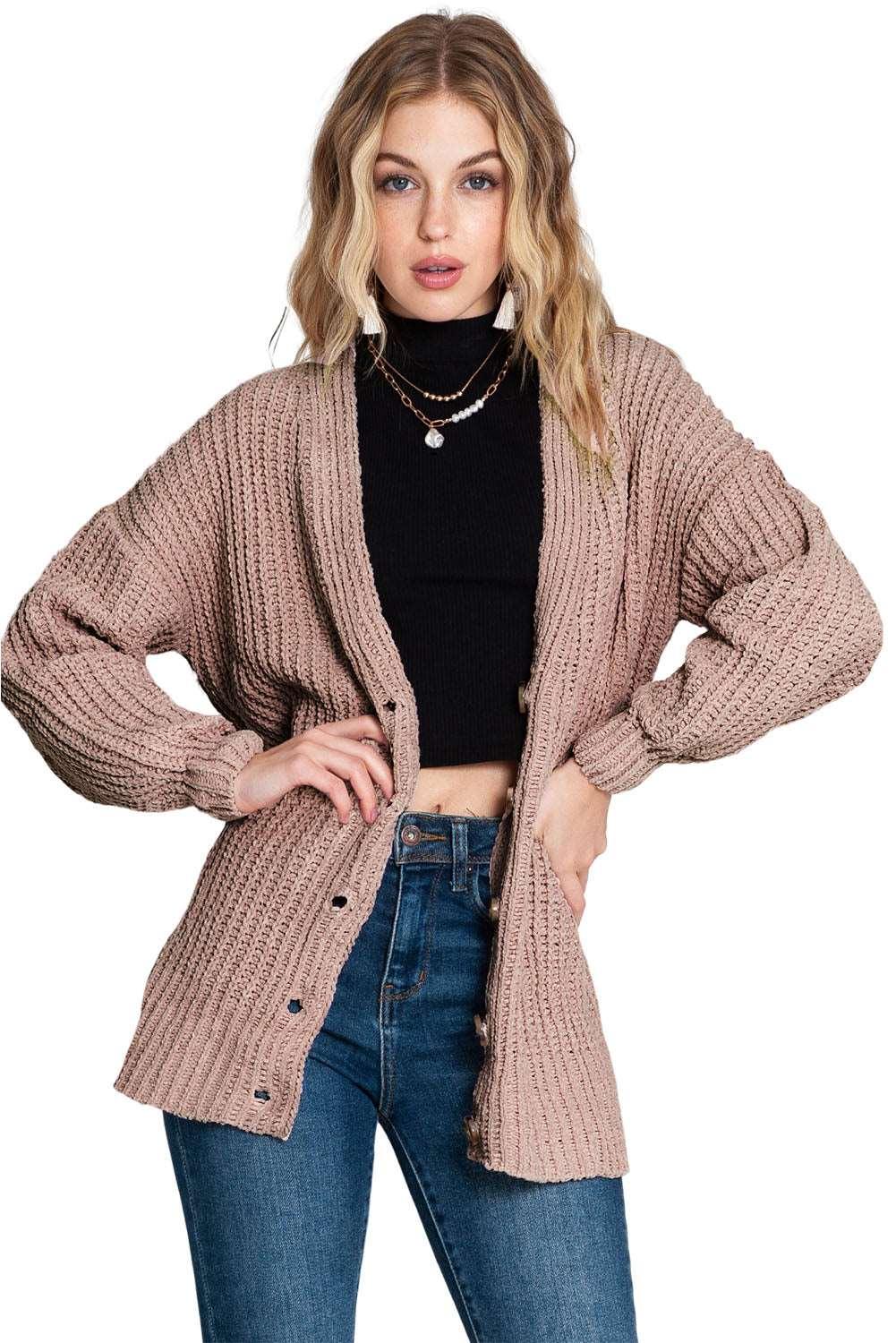 women's Black Solid Color Buttoned Down Casual Knitted Cardigan - - Cardigans