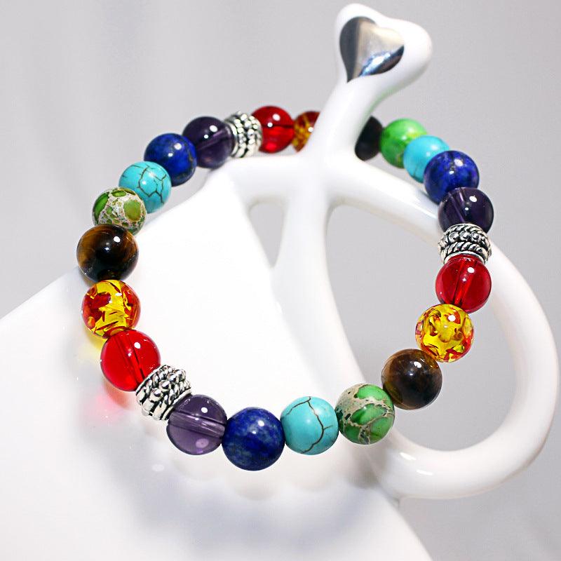 7 Chakra Healing Lava & Tiger Eye Beaded Bracelet - 8MM Unisex Yoga Jewelry - - bracelet