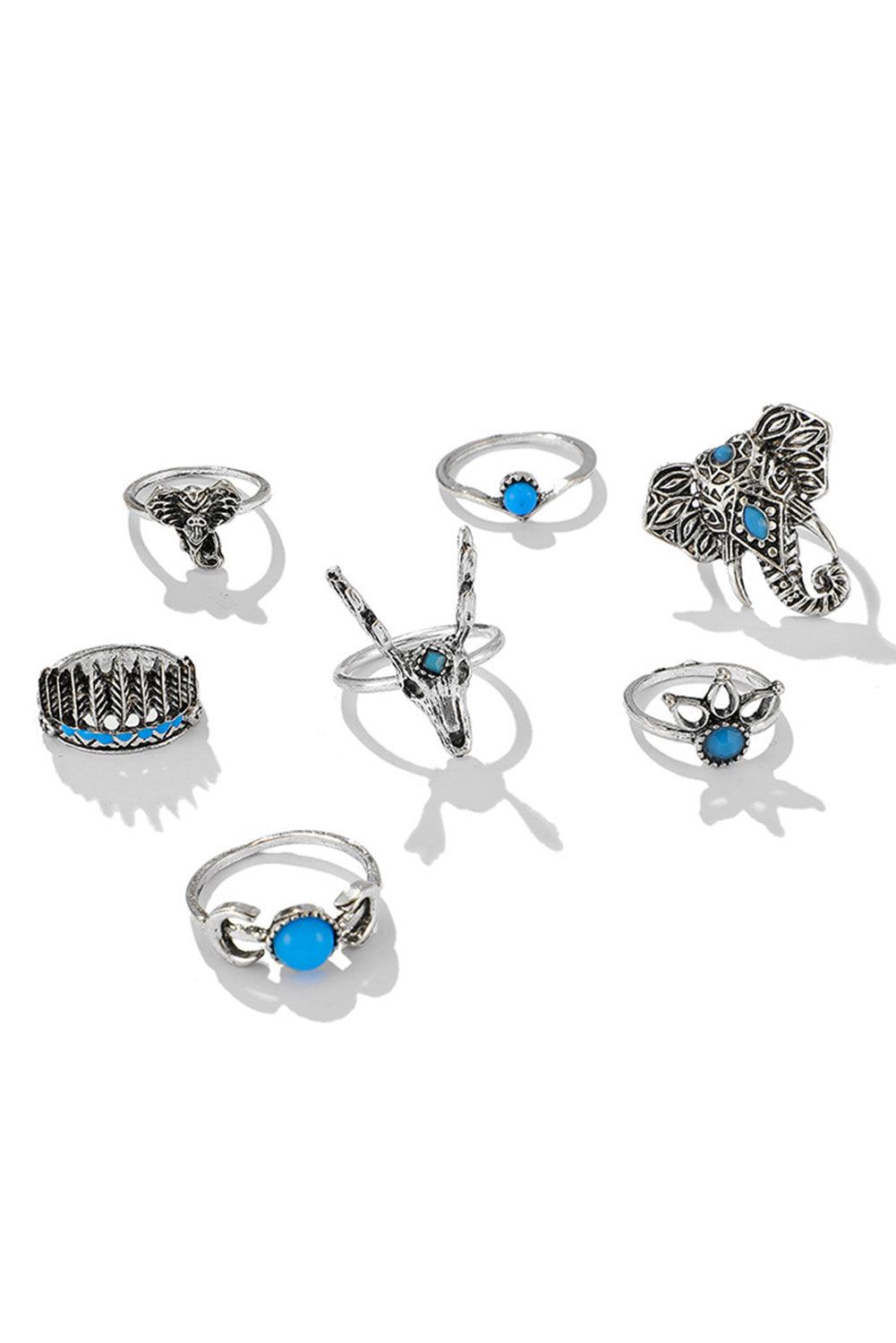 Women's Silver 7Pcs Animal Deer Head Elephant Ring Set - - Rings