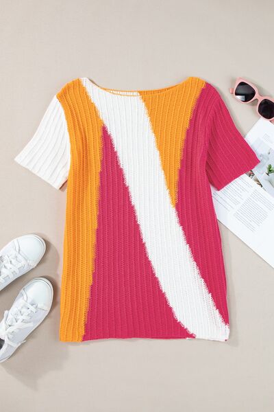 Textured Color Block Short Sleeve Sweater - -