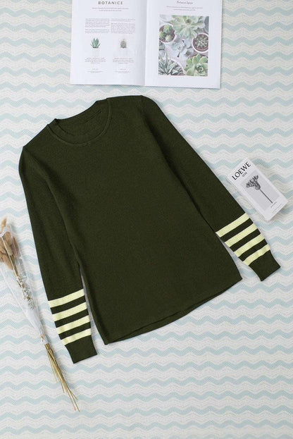 Women's Black Casual Crew Neck Striped Sleeve Knit Sweater - - Sweaters