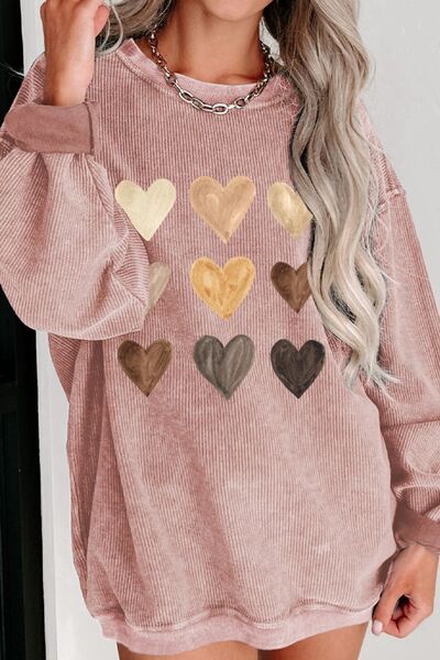 Heart Round Neck Dropped Shoulder Sweatshirt - -