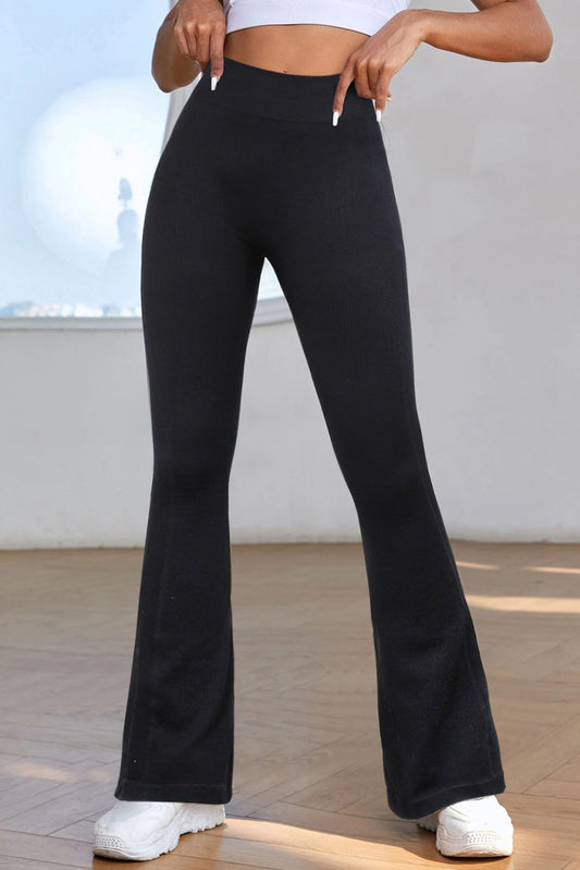 Women's Black Basic Tummy Control High Waisted Flared Sports Pants - Fit4Goals.com