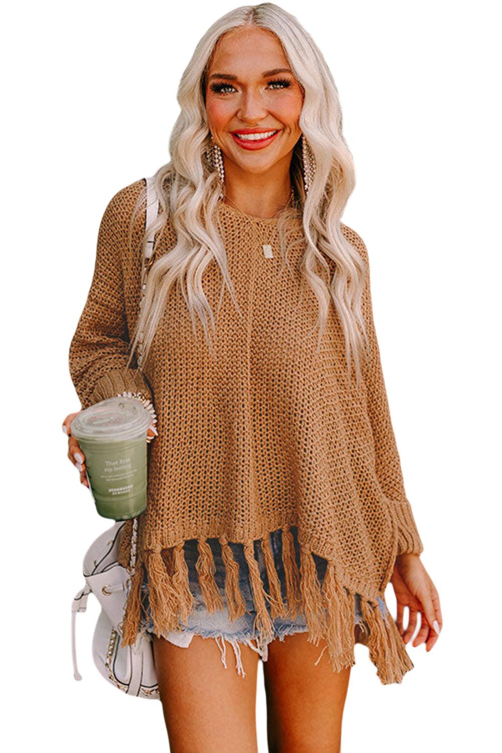 Women's Camel Tasseled Hem Knit Baggy Sweater - - Sweaters