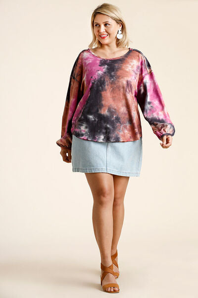 Umgee Full Size Tie Dye Round Neck Long Balloon Sleeve Top Plus Size - -