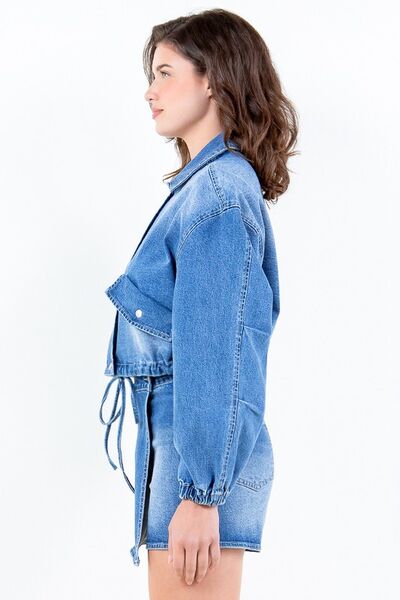 American Bazi Full Size Drop Shoulder Cropped Denim Jacket with Waist Strap Plus Size - -