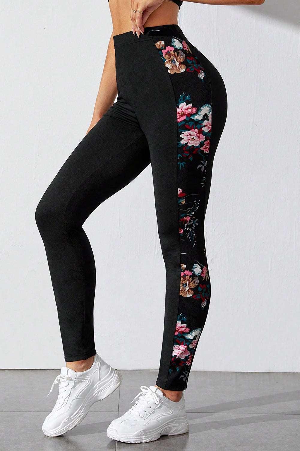 Women's Black Floral Print Patch High Waist Leggings - Black - Leggings