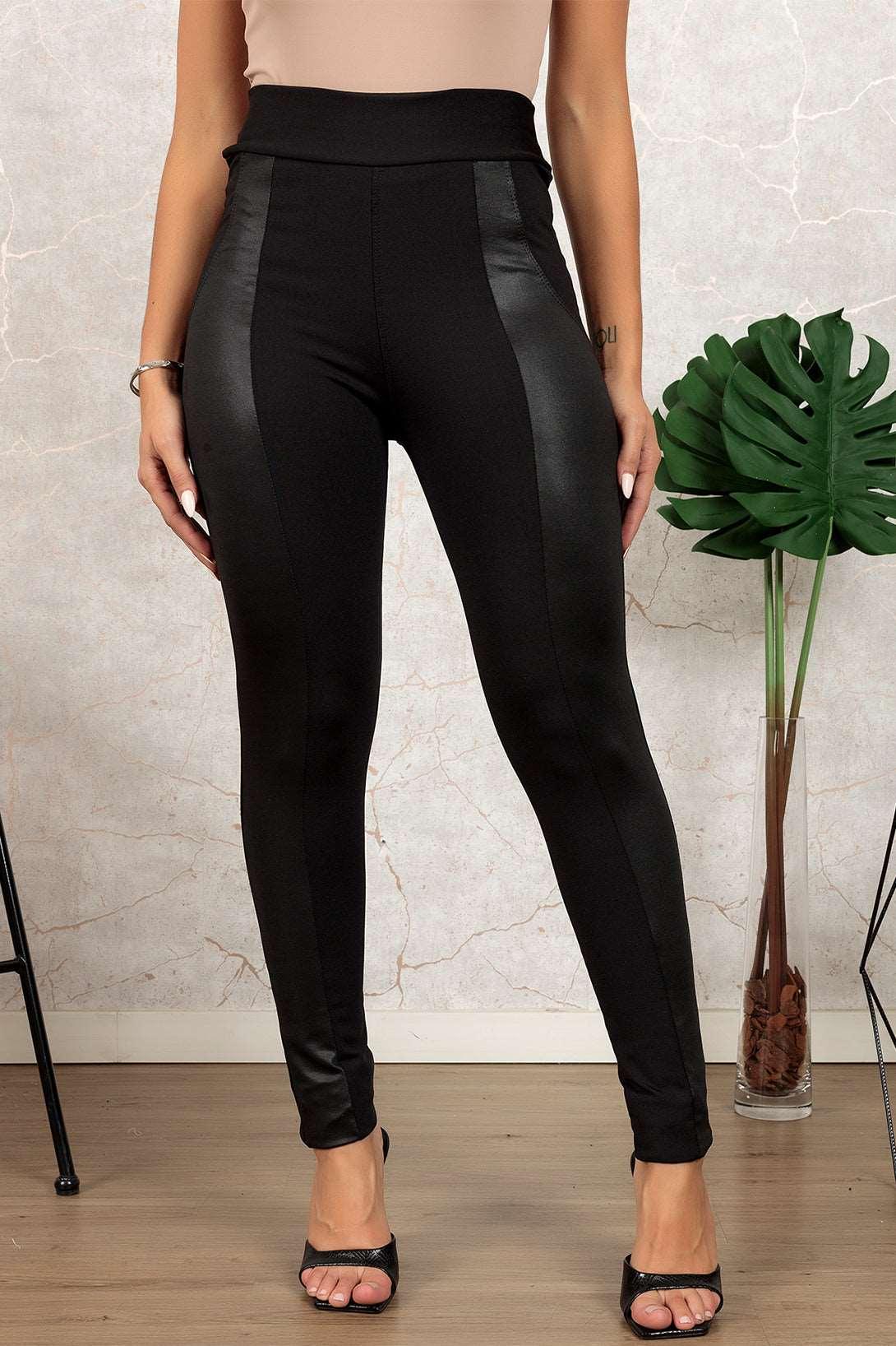 Women's Black Leather Panel Patchwork High Waist Leggings - - Leggings