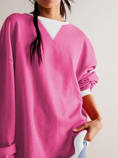 Mandy Contrast Trim Round Neck Long Sleeve Sweatshirt - Deep Rose -