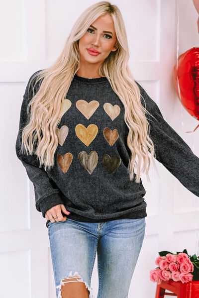 Heart Round Neck Dropped Shoulder Sweatshirt - -