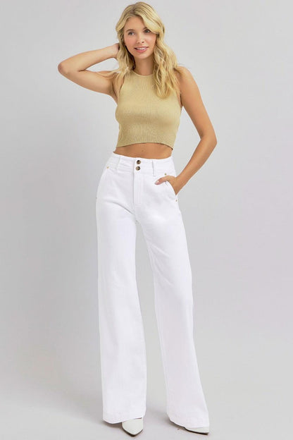 RISEN High Waist Tummy Control Wide Leg Jeans with Double Button - - Women's Fashion - Women's Clothing - Bottoms - Leggings