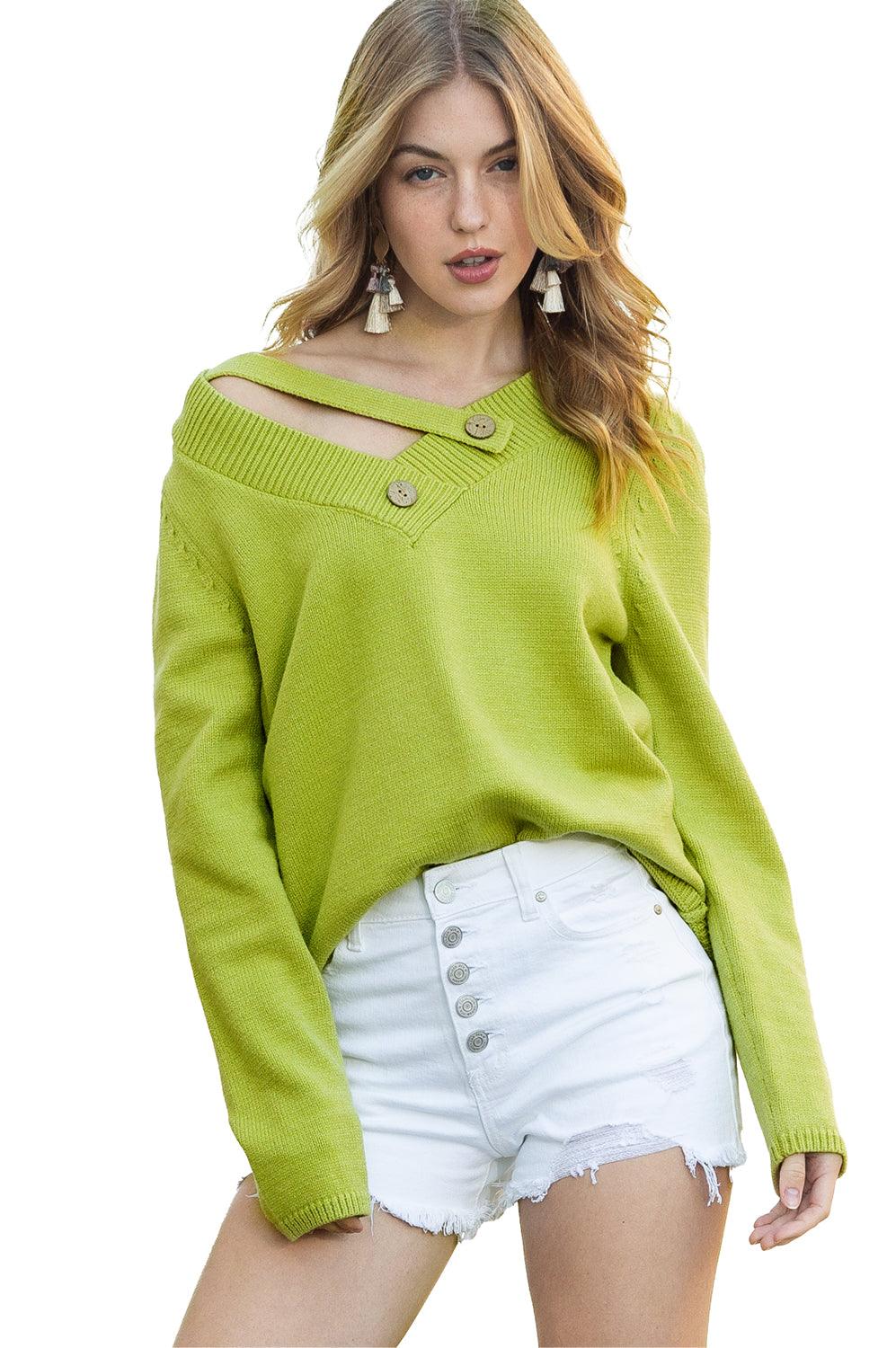 Women's Green V Neck Ribbed Contrast Long Sleeve Sweater - - Sweaters