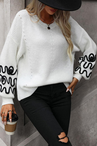 Women's Bright White Abstract Sleeve Knitted Sweater - - Sweaters