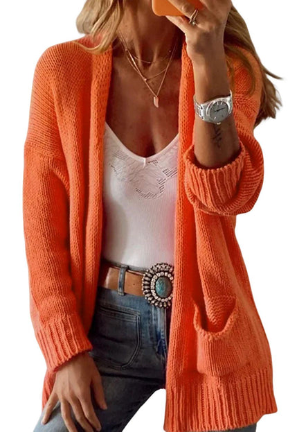 Women's Orange Pockets Open Front Knitted Cardigan - - Cardigans