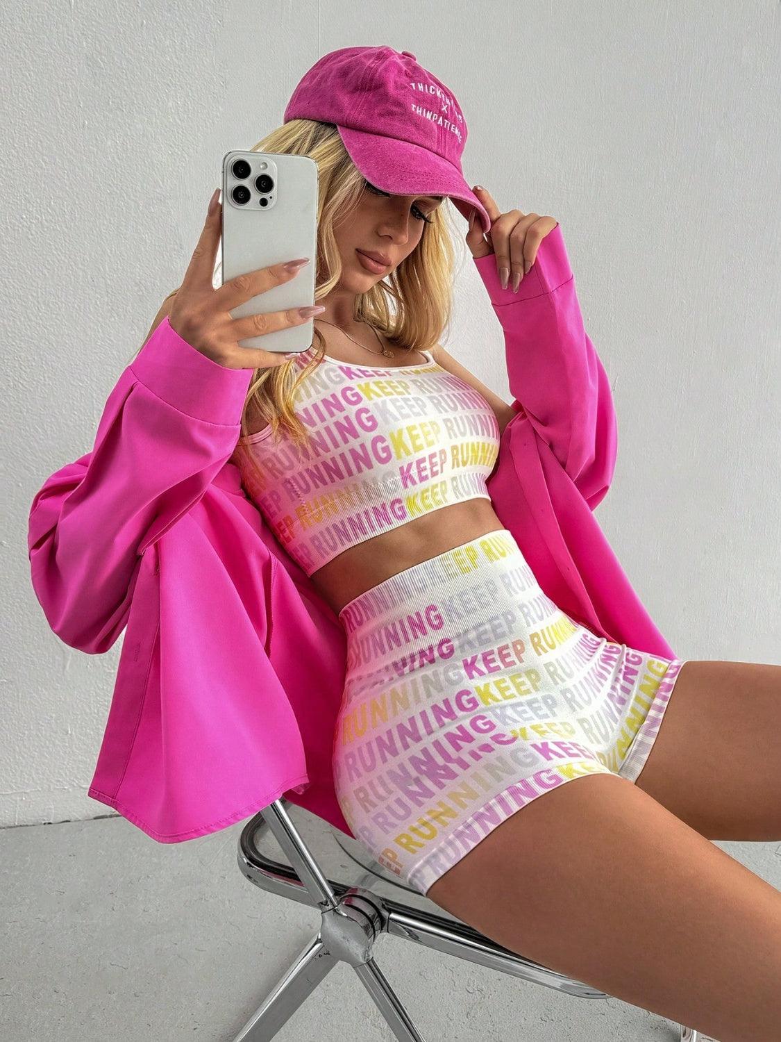 Letter Printed Wide Strap Top and Shorts Active Set - - LEGGINGS