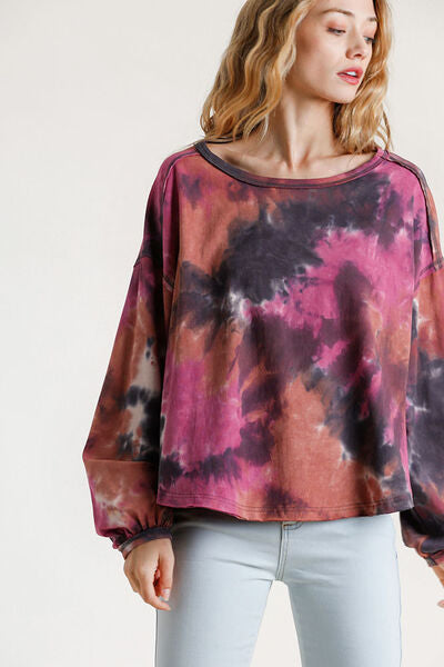 Umgee Full Size Tie Dye Round Neck Long Balloon Sleeve Top Plus Size - MAUVE GREY -