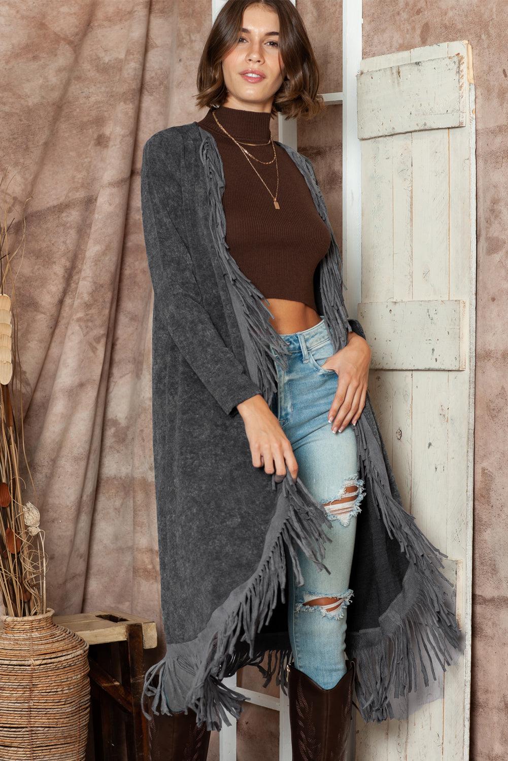 Women's Black Mineral Washed Tassel Open Front Long Cardigan - - Cardigans