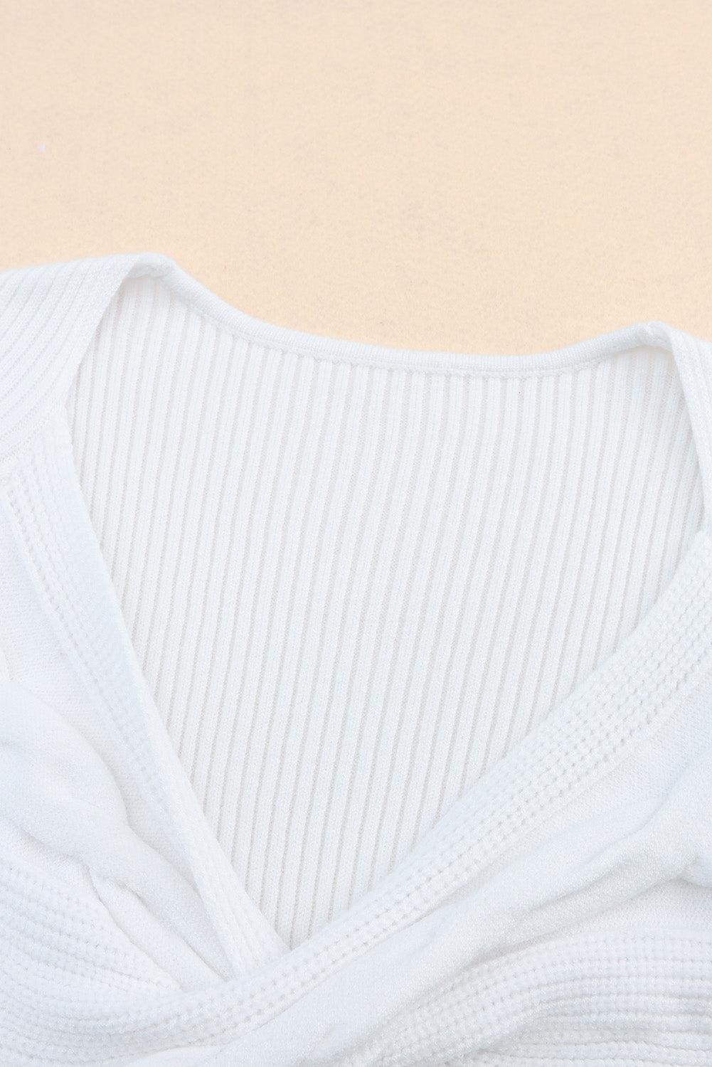 Women's White Basic Cable Crossed V Neck Sweater - - Sweaters