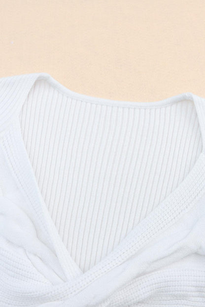 Women's White Basic Cable Crossed V Neck Sweater - - Sweaters