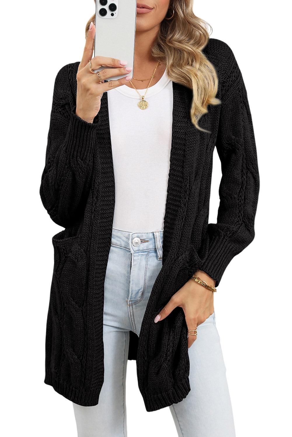 Women's Khaki Ribbed Trim Hollow Knit Side Slits Cardigan - - Cardigans