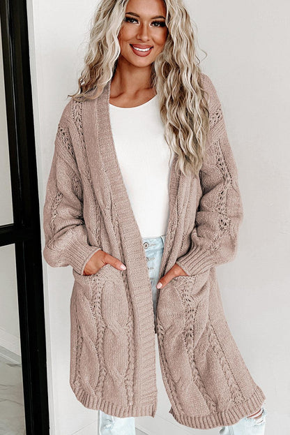 Women's Khaki Ribbed Trim Hollow Knit Side Slits Cardigan - - Cardigans