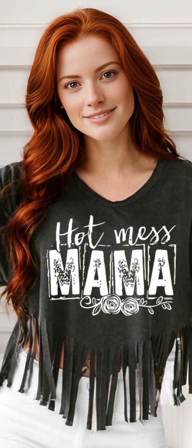 HOT MESS MAMA Fringe Round Neck T-Shirt - Black - Women's T-Shirt