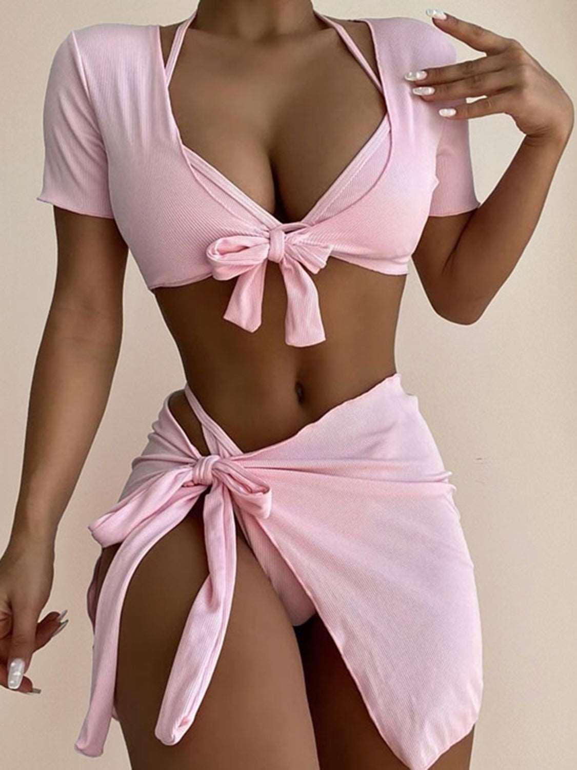 Halter Neck Bikini and Cover Up Four-Piece Swim Set - - women swimsuit