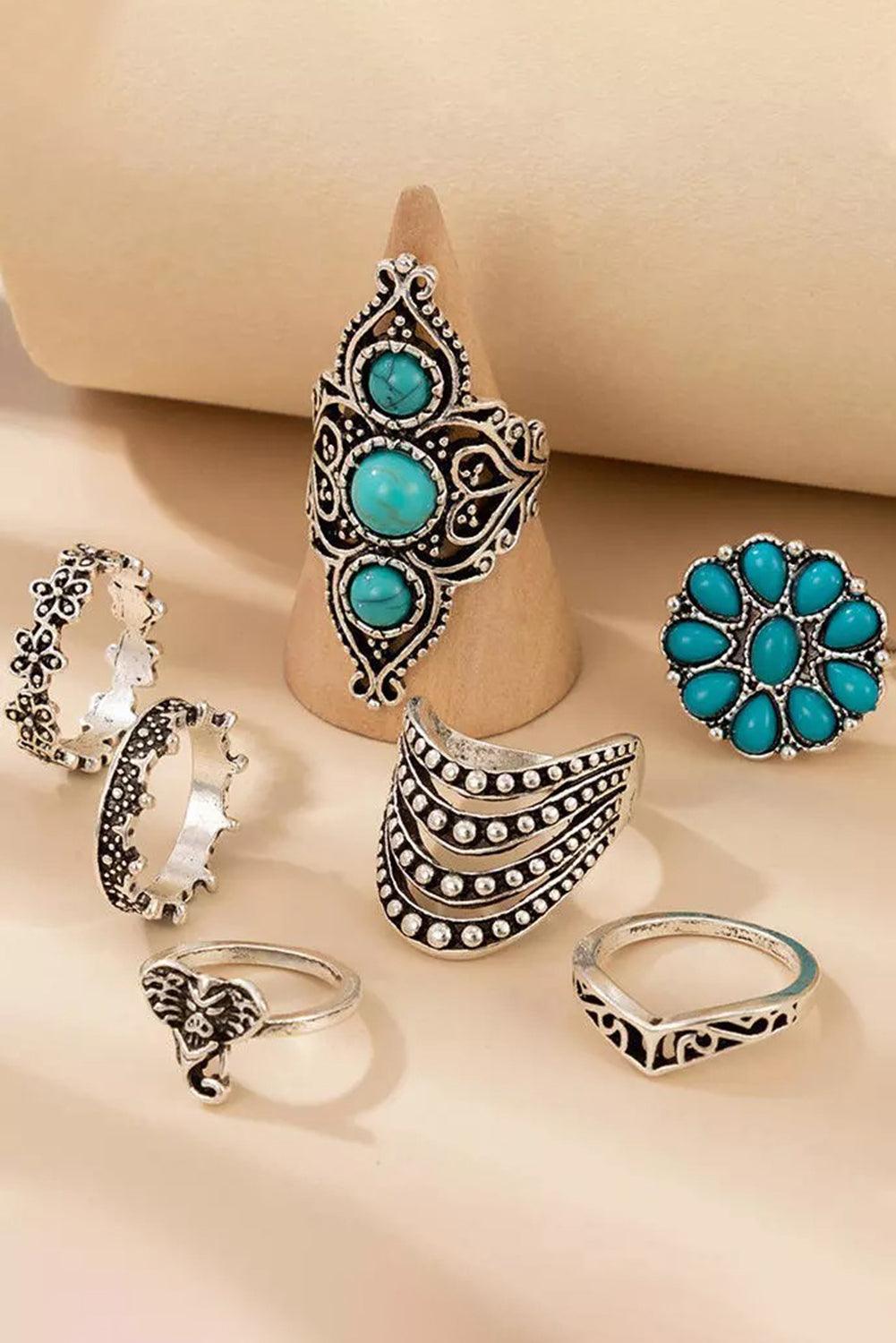 Women's Green Vintage 7Pcs Floral Geometric Turquoise Ring Set - - Rings