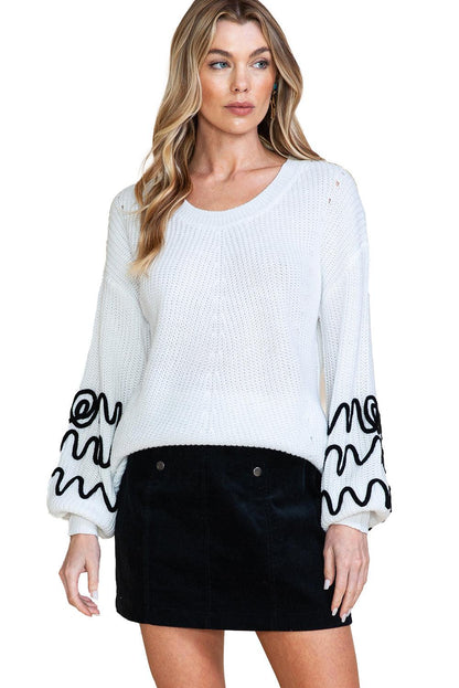 Women's Bright White Abstract Sleeve Knitted Sweater - - Sweaters